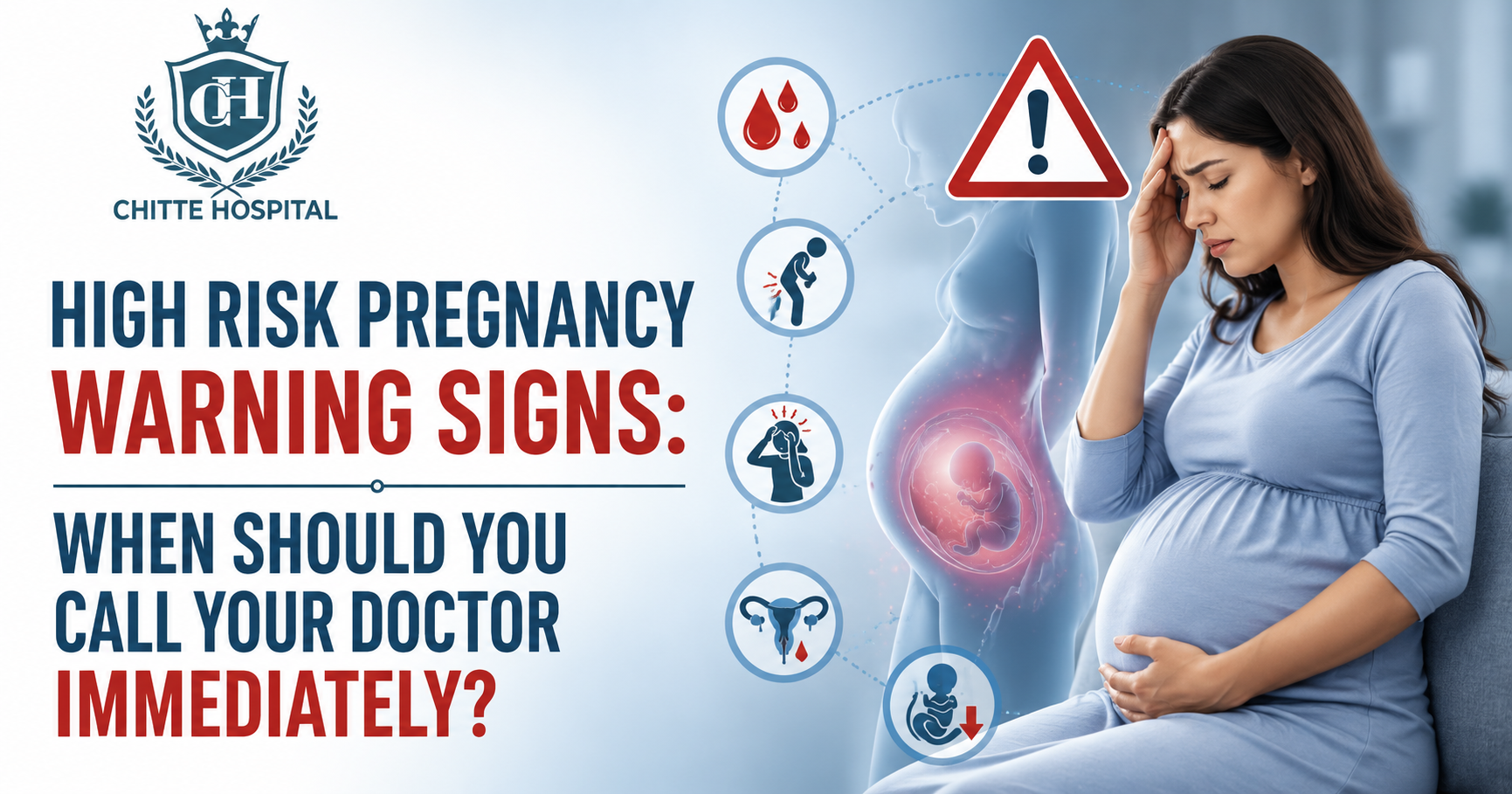 High risk pregnancy warning signs illustrated with a pregnant woman experiencing discomfort, highlighting symptoms that require immediate medical attention.